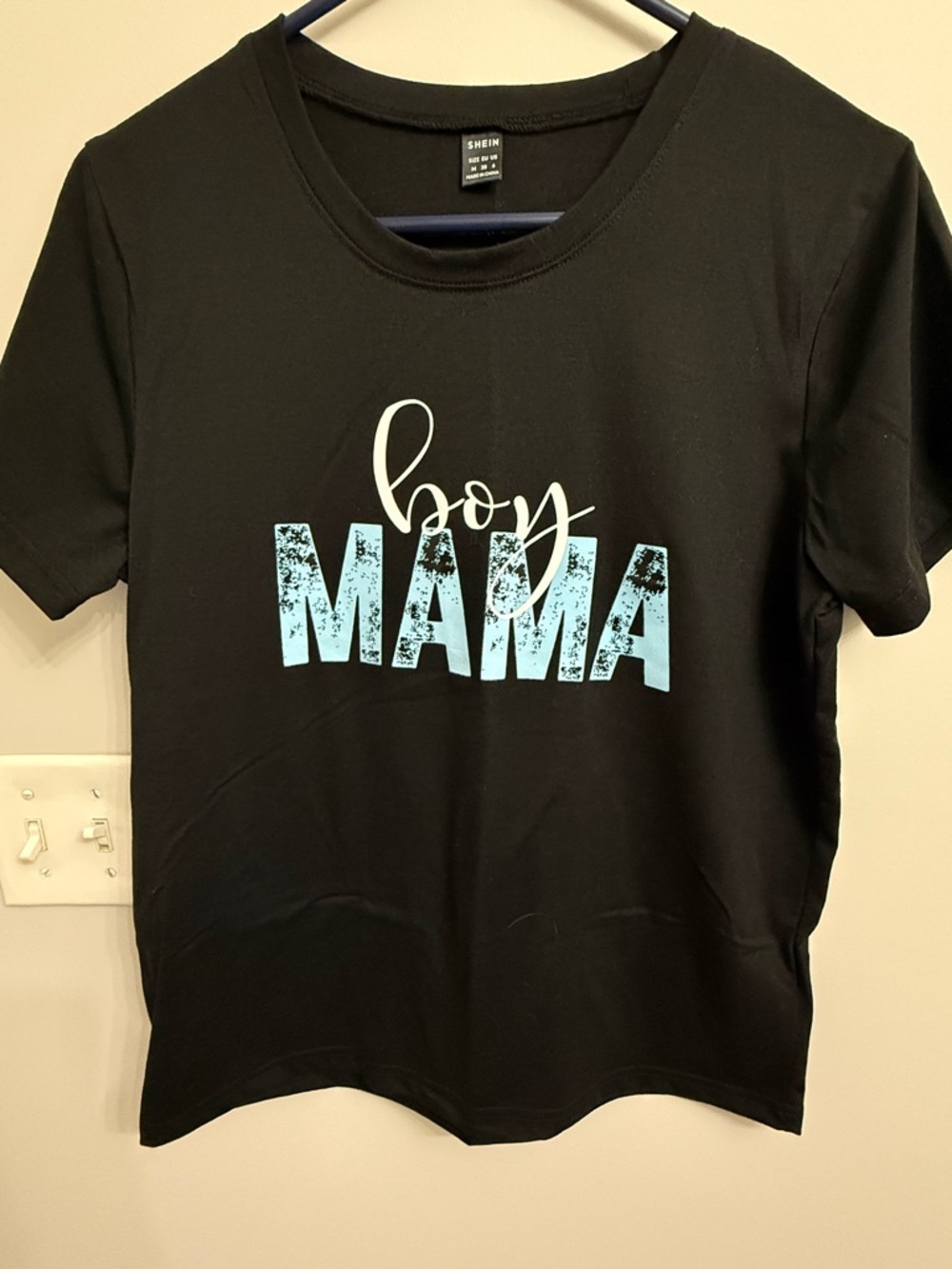 SHEIN Black Tee with Light Blue "boy MAMA" Graphic